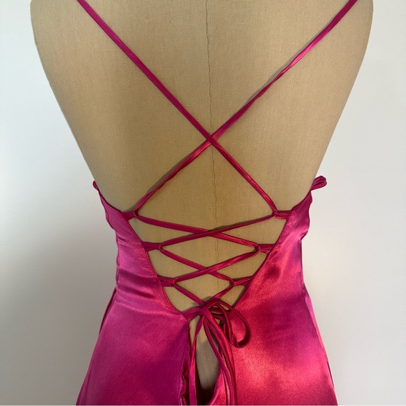 Hot pink satin effect wrap Slip lace up back long Dress gown 6 - Picture 12 of 16